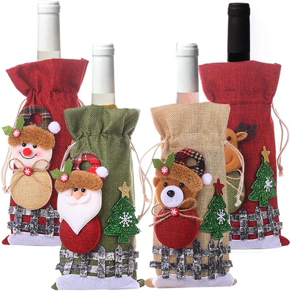 Lmetjma Weihnachten Weinflasche Taschen Flachs Weihnachten Sac kleinen Wein Abdeckung Taschen Elch Santa Claus Weinflasche Dekoration Taschen jt262