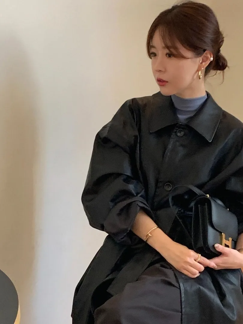 

Ele Long PU Leather Jaet Women's Belted Wrap Ne Single Button Autumn High-End Feel Faion Outerwear Chic Sle
