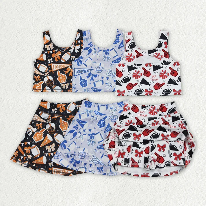 

In Stock Team's Cheer Blue Bows Tank Top Shorts Skirts Girls Summer Yoga Outfits Wholesale Sports Clothing Boutique Baby Clothes