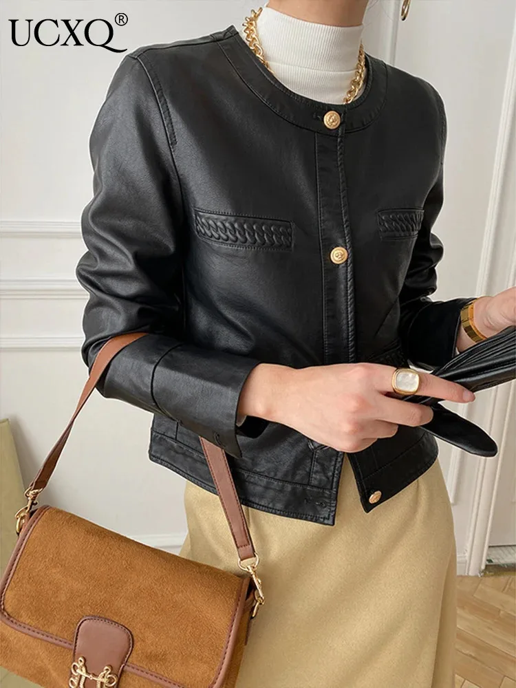 UCXQ Fashion PU Jacket European Style Gold Single Breasted Casual All Match Woven Leather Coat Women 2024 New Spring Autumn 1237