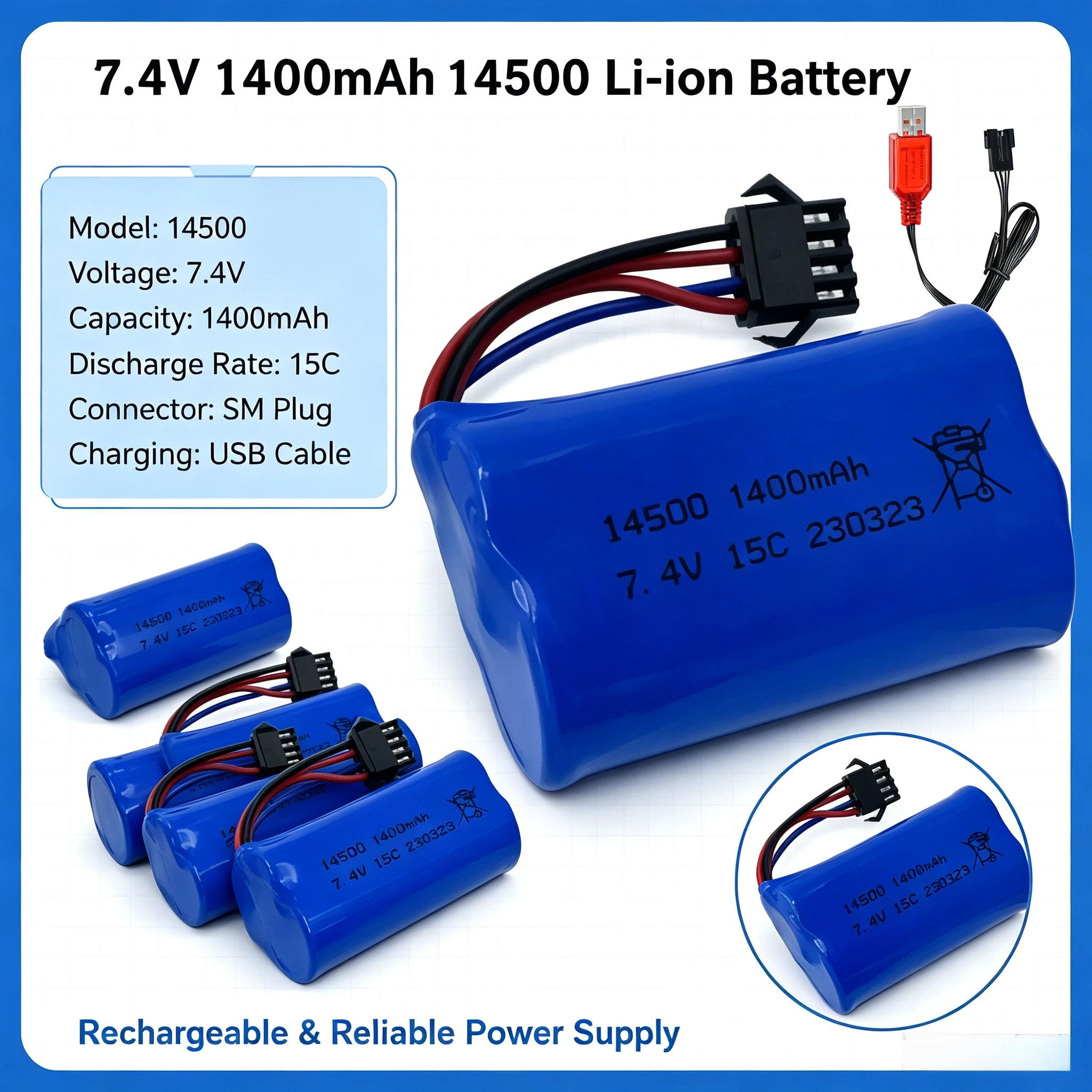 Bateria Li-on 7.4V 1400mAh 14500 z złączem SM4P i ładowarką USB do pistoletu na wodę, ciężarówki RC, łodzi, helikoptera, zabawek i akcesoriów.