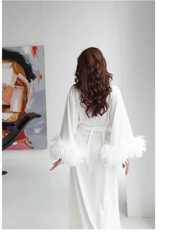 Long Silk Robe White Boudoir Robe Silk Boudoir Robe Wedding Kimono Robe Boudoir Satin Robe with Feathers Bride Wedding Dressing