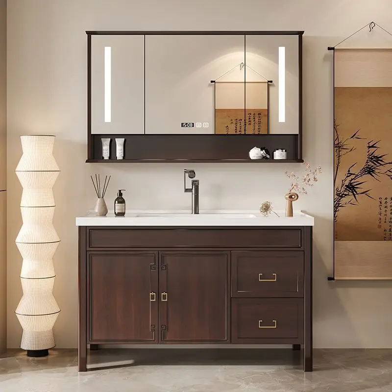Factory Direct 2026 Oak smart bathroom cabinet mirror paint solid wood new Chinese bathroom washstand ceramic
