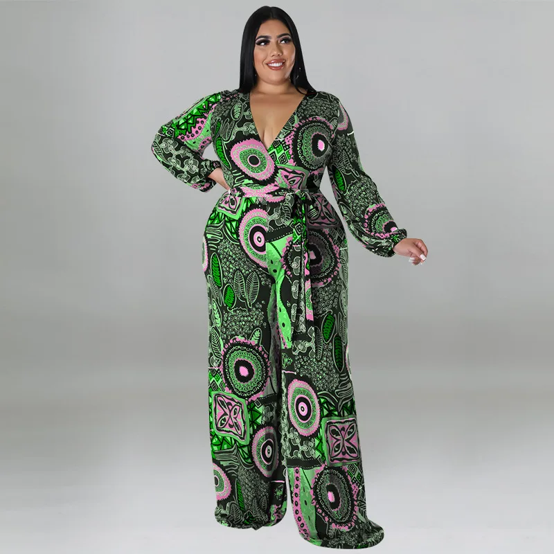 

My1002 Plus Size Women's New Printed Multi-color Long Sleeved Jumpsuit