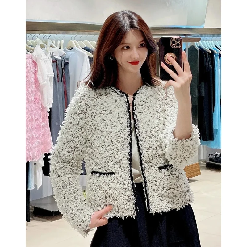 

Ele Luxury Korean Faion Feather antung ort Jaet Женская осенняя цветная блузка с отделкой кисточкой Теплая молния для поездок на работу ...