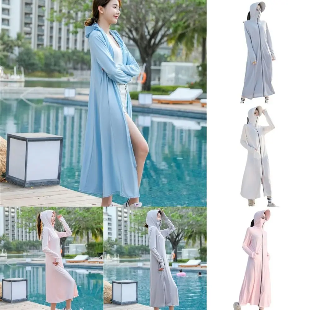 Comfortable Ice Silk Sun Protection Long Coat Hooded Hat Sunscreen Long Jacket Breathable Quick Dry Anti-UV Dress Women