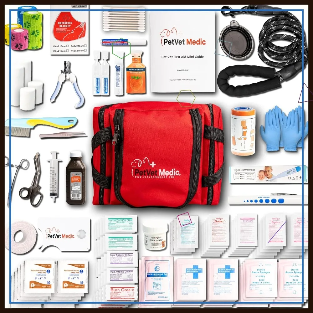 

Pet First Aid Kit for Dogs & Cats - Emergency Wound Care with Thermometer, Bandages, Travel Bag