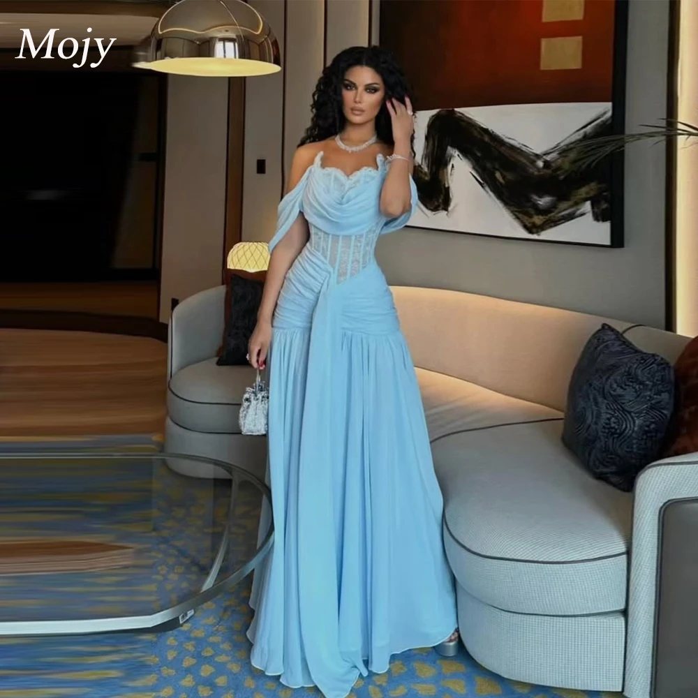 

Mojy Customized Light Blue Chiffon Off Shoulder Evening Dress For Wedding Party Sweetheart A Line Formal Prom Dress Dubai