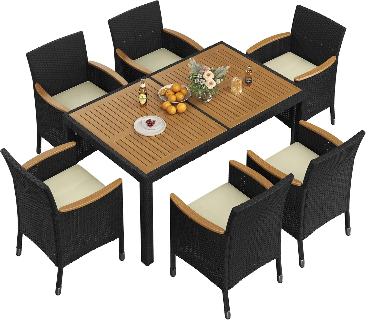 

7 Piece Patio Furniture Set, Outdoor Dining Acacia Wood Table Top Rattan Conversation with Soft