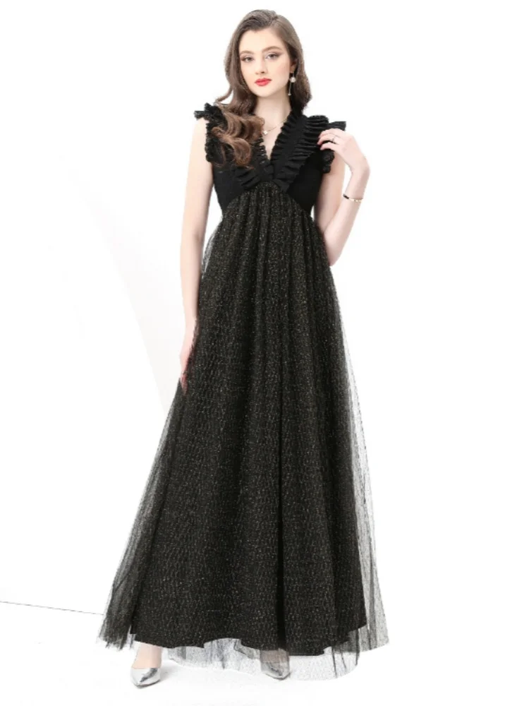 

SMTHMA Elegant Fashionable Spliced Long Dress Women's Sexy V Neck Sleeveless Retro Ruffle Mesh Geometry Runway Dresses 2025 New