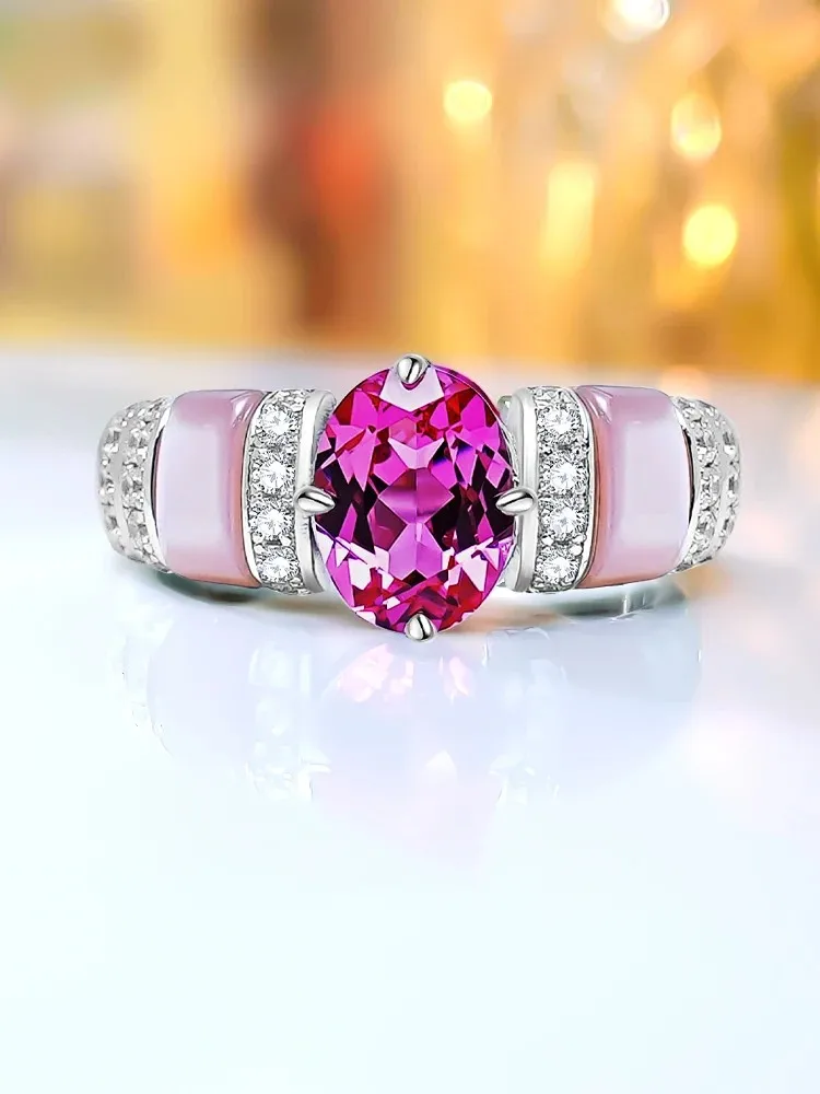 Light Luxury 925 Silver Pink Tourmaline Ring Inlaid with High Carbon Diamond Powder Shell, Versatile Design for Small People