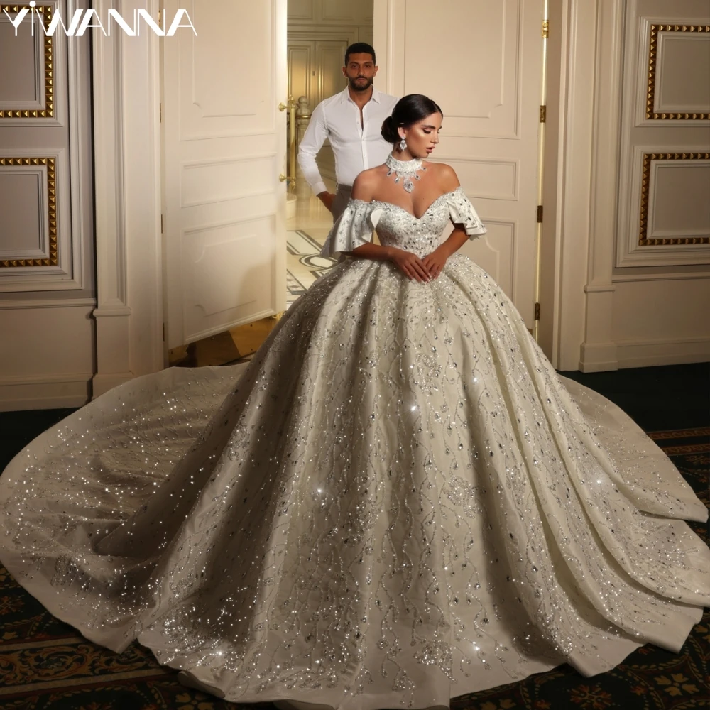 

Glitter Beaded Rhinestones Wedding Dress With Train Off The Shoulder Bridal Gown Customized Luxury Satin Long Dresses For Bride