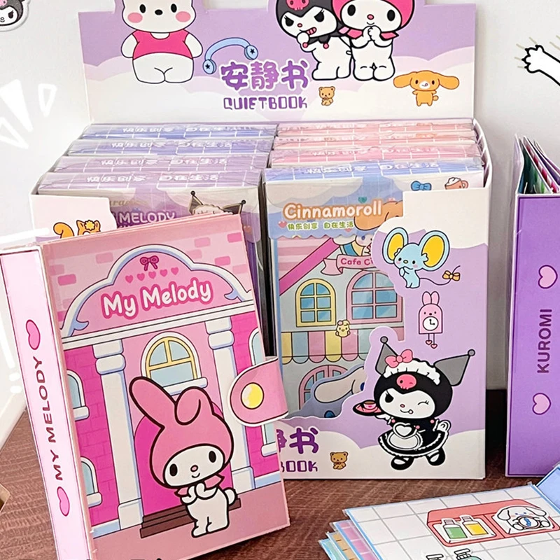 Sanrio สติกเกอร์ลายการ์ตูน Kawaii My Melody Cinnamoroll pochacco Kuromi Hello Kitty เกมสติกเกอร์ที่เงียบสงบหนังสือ DIY วัสดุแพ็คสำหรับเป็นของขวัญเด็ก