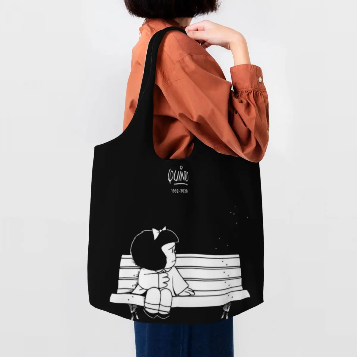 Custom Mafalda Quino Tribute Design Shopping Bag Canvas Shoulder Tote Bag Portable Argentina Manga Grocery Shopper  Bag Handbag