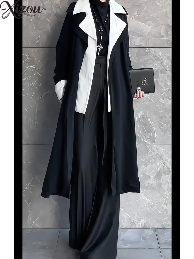 Prince's Long Trench Coat Autumn New Gothic Contrasting Color Lapel Over Knee Coat Fashion Men's and Women's Dark Wind Coat