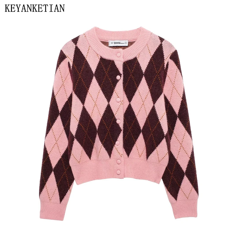 

KEYANKETIAN 2025 Spring New Women's Argyle Color Matching Sweater American Retro O-Neck Single Breasted Cropped Knit Cardigans