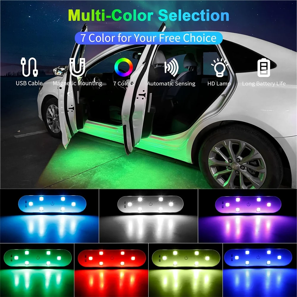 4PCS Car Door Lighting LED 7 Color Projector Atmosphere Lights Magnetic Welcome Door Light Rechargeable Wireless Interior Lamp