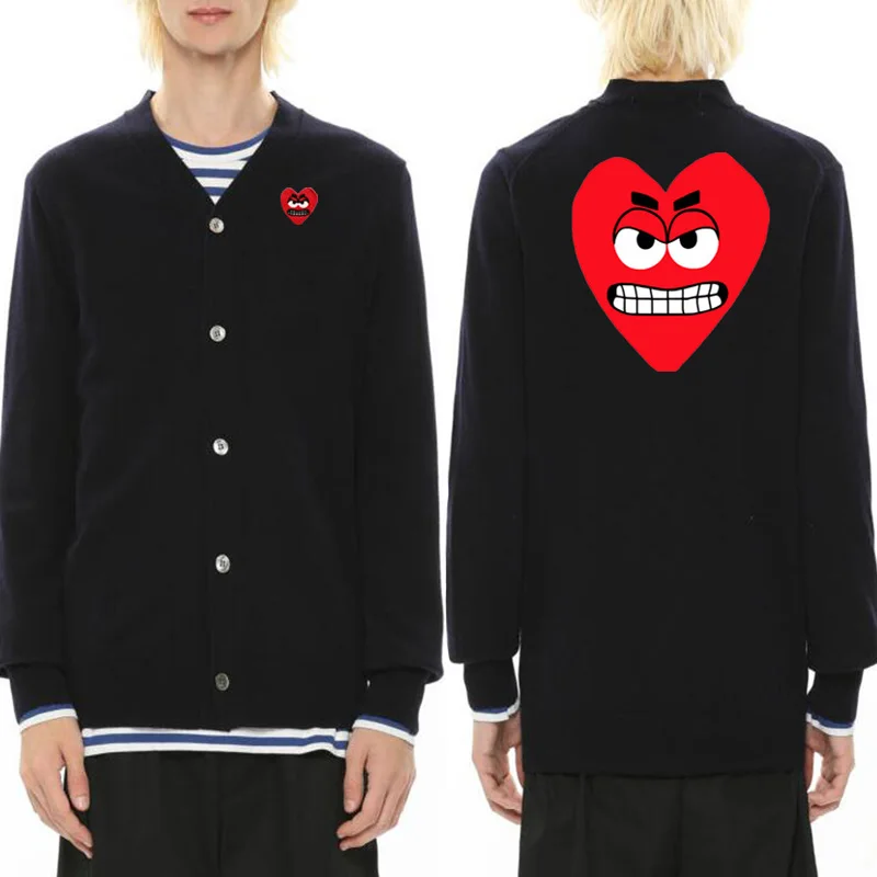 

Men V-neck Cardigan Cartoon Bared Teeth Heart Embroidery Print Long-sleeved Single Breasted Cotton Polyester Autumn Sweater