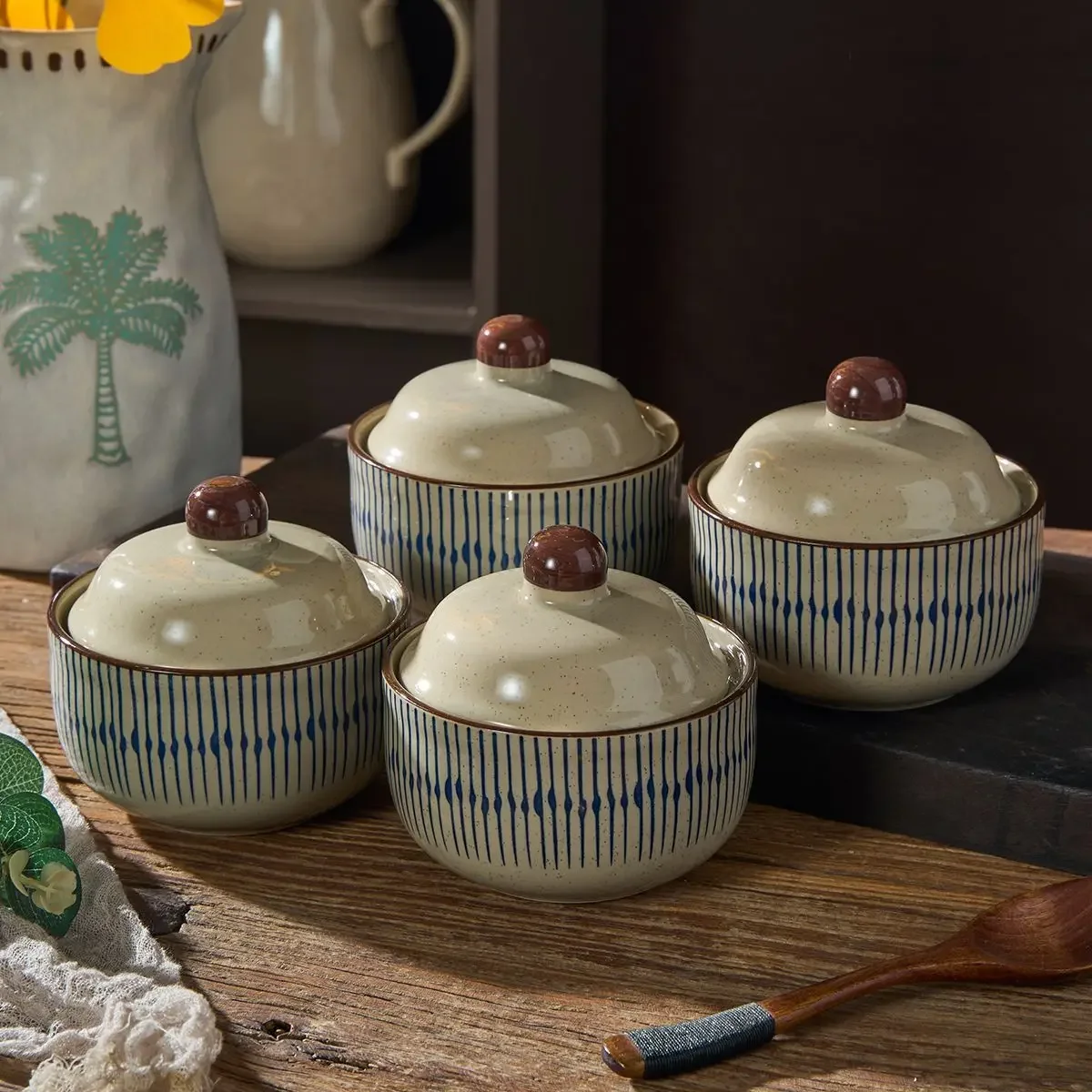 Japanese Style Blue Rain Exquisite Ceramic Stewing Pot Water Bath Steamer For Egg Custard Bird's Nest Soup Home Kitchen Cookware