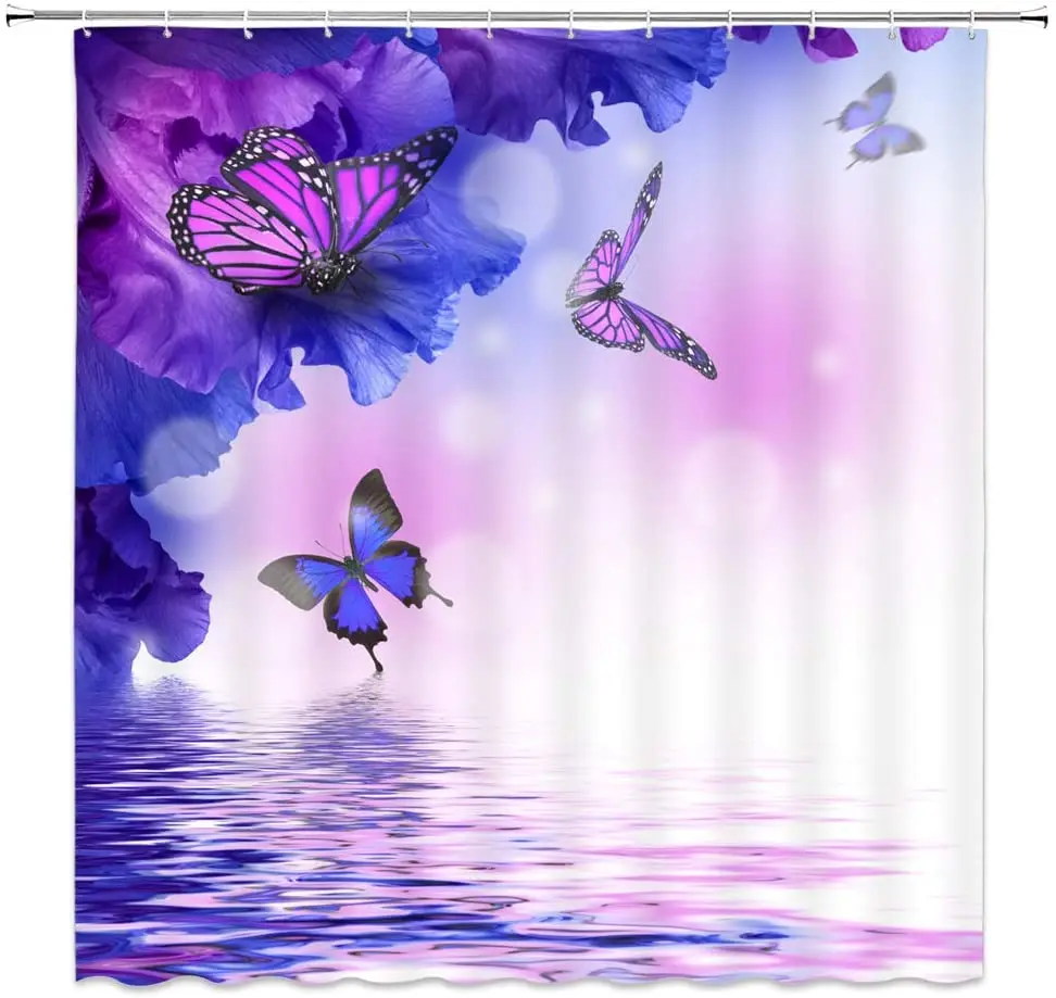 Butterfly Shower Curtain with Hooks, Purple, Flower Wings, Dream Fantasy Water, White Bathroom Curtains, Polyester Cloth, Deco