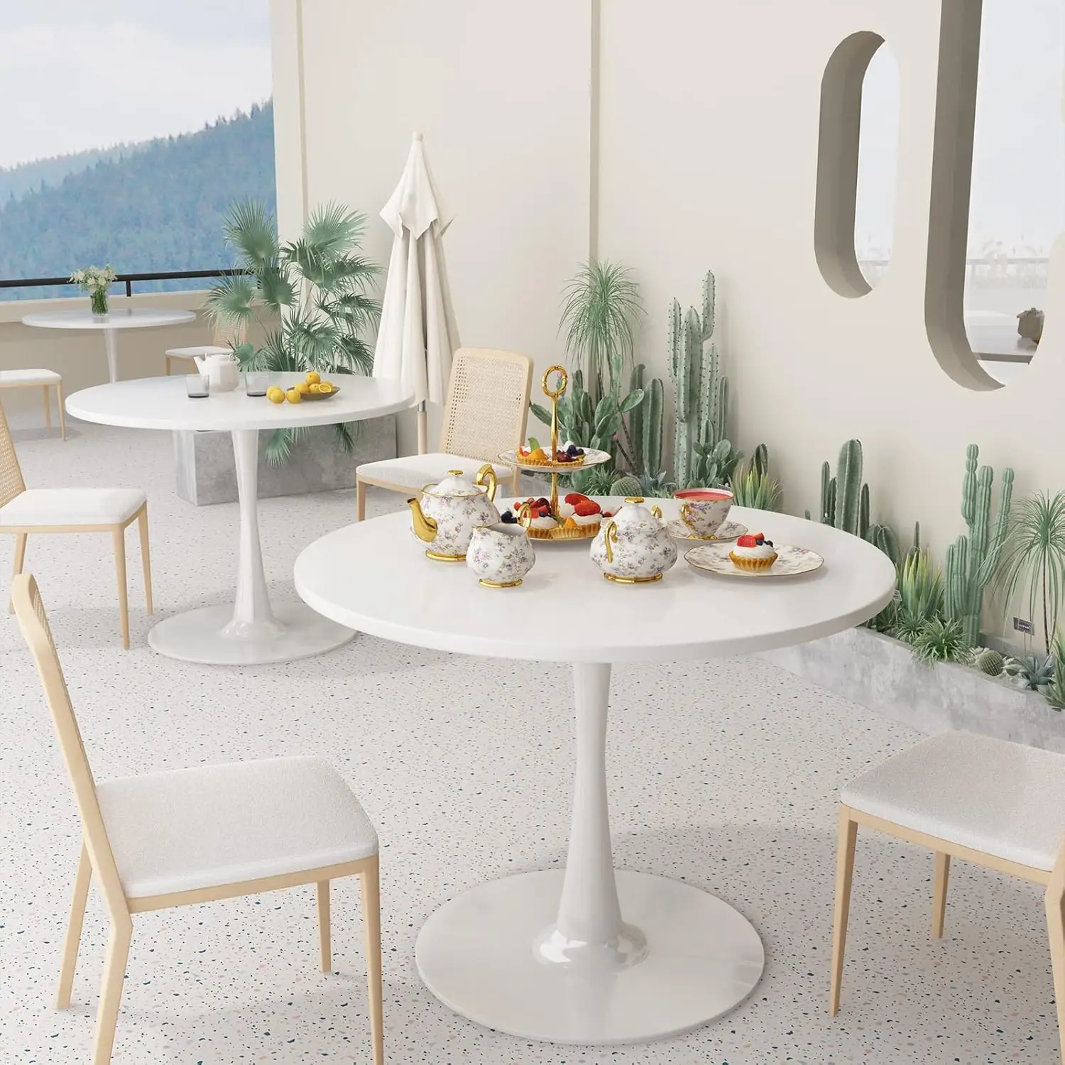 White Round Dining Table, 31.5" Tulip Table Kitchen Dining Table 2-4 People with MDF Table Top & Pedestal Base, Mid-Century End