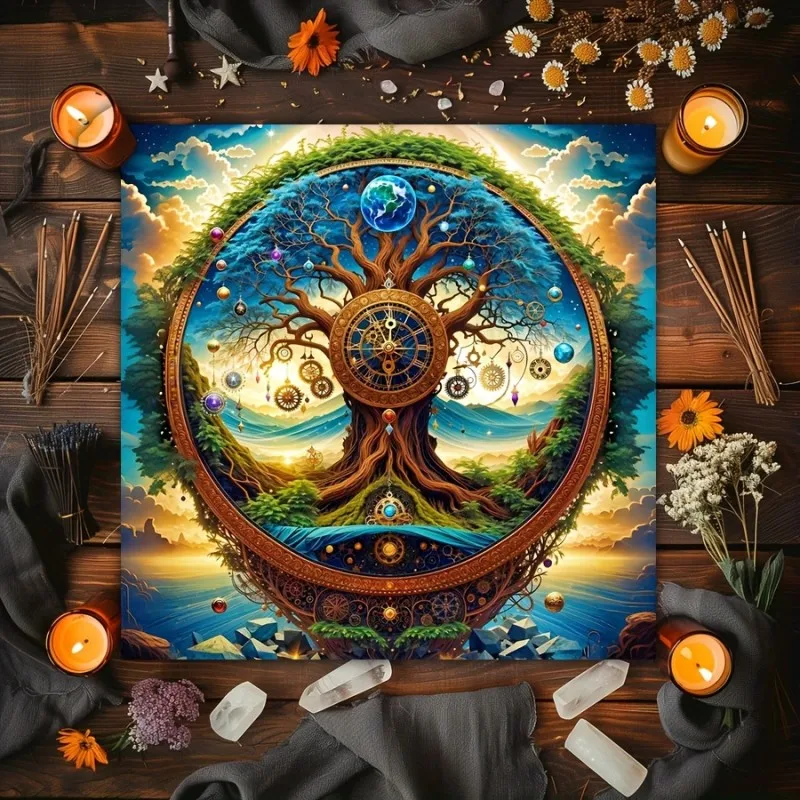VIKAMA Vintage Tree Of Life Tarot Tablecloth, Square Altar, Divination, Prediction And Home Decoration, Dirt-Resistant