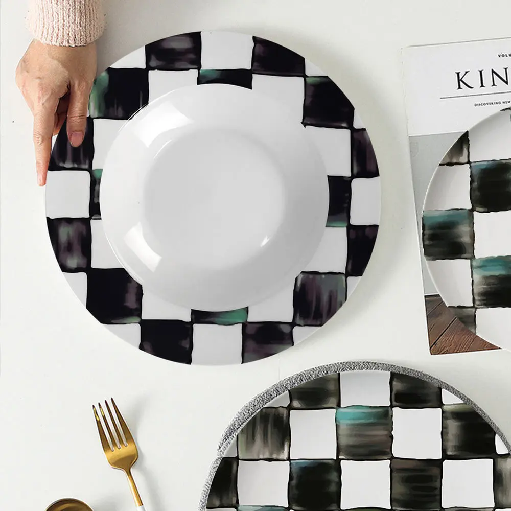 Ink Style Black and White Checkerboard Checkered, Western Food Plate, Ceramic Dessert Cake Plate, Football Creative Gift, Hot, 2