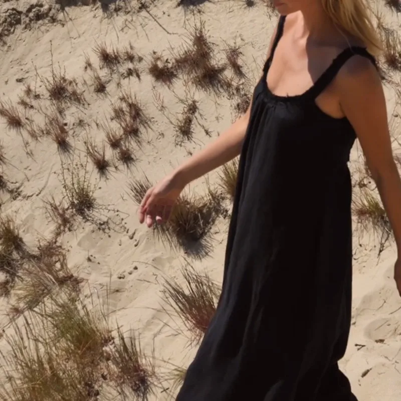 فستان طويل كتان عتيق للنساء صيفي مثير بدون أكمام جديد أسود بلون سادة فضفاض لقضاء العطلات على الشاطئ وحفلات الموضة رداء فيستدوس #3