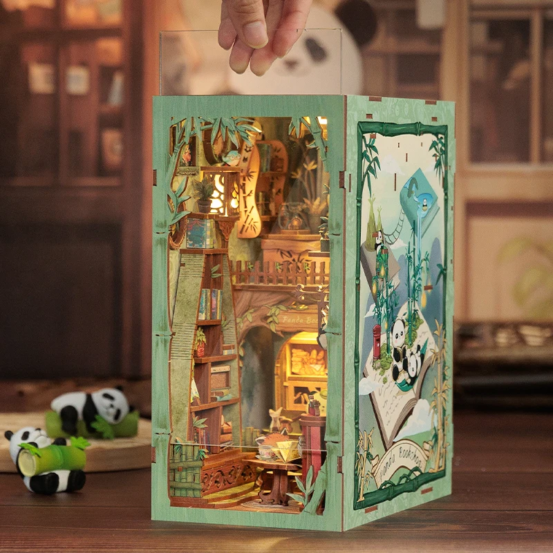 CUTEBEE DIY Book Nook Kit Miniature Dollhouse with Light Dust Cover Bookshelf Insert 3D Puzzle for Birthday Gift Panda Bookshop