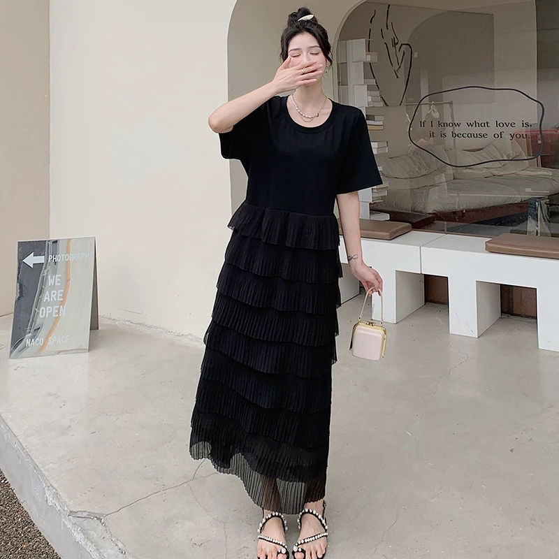 

Simplicity Dresses Elegant Patchwork Ruffles Solid Black Summer Thin O-neck Short Sleeve Korean Fashion Loose Women Clothing