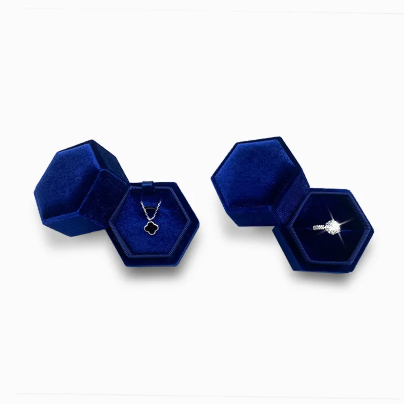 Velvet Hexagon Ring Necklace Box Display Stand Storage Holde With Detachable Lid for Proposal Engagement Wedding Ceremony Gifts