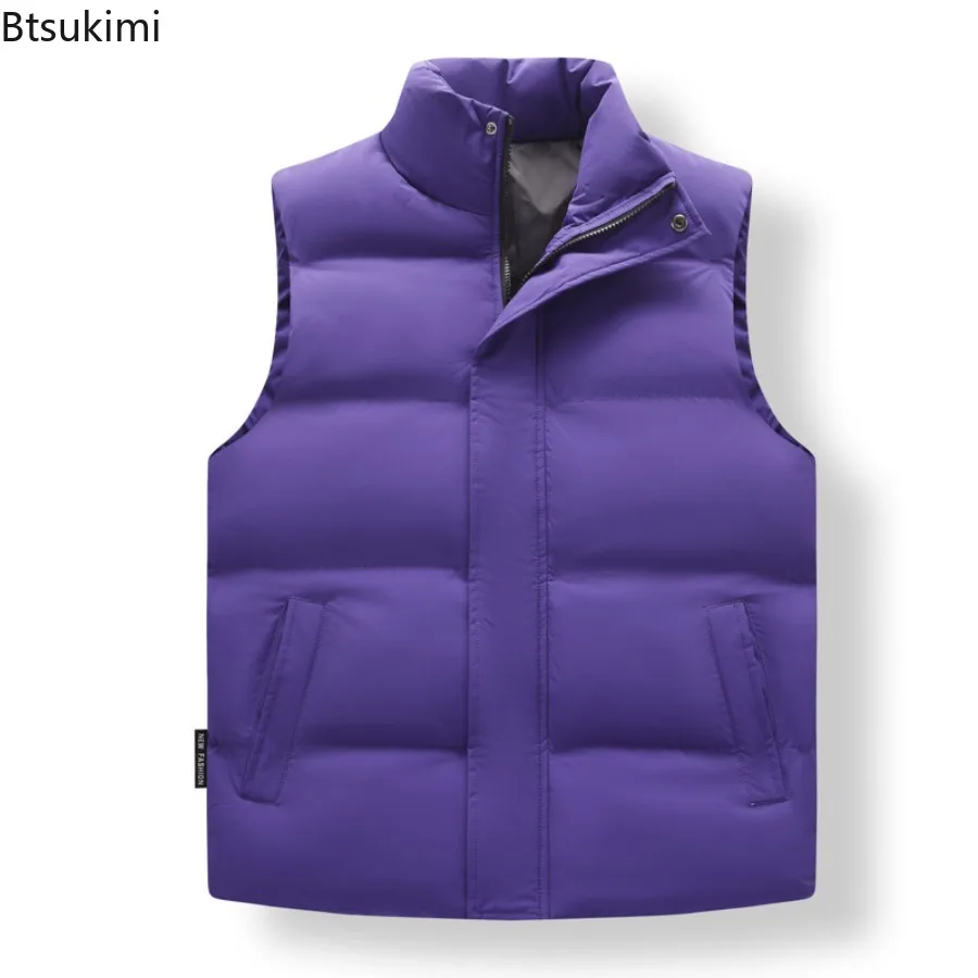 2025 Winter New Down Cotton Vest for Men Solid Color Stand Collar Versatile Sleeveless Vest Cold Resistant Warm Cotton Waistcoat