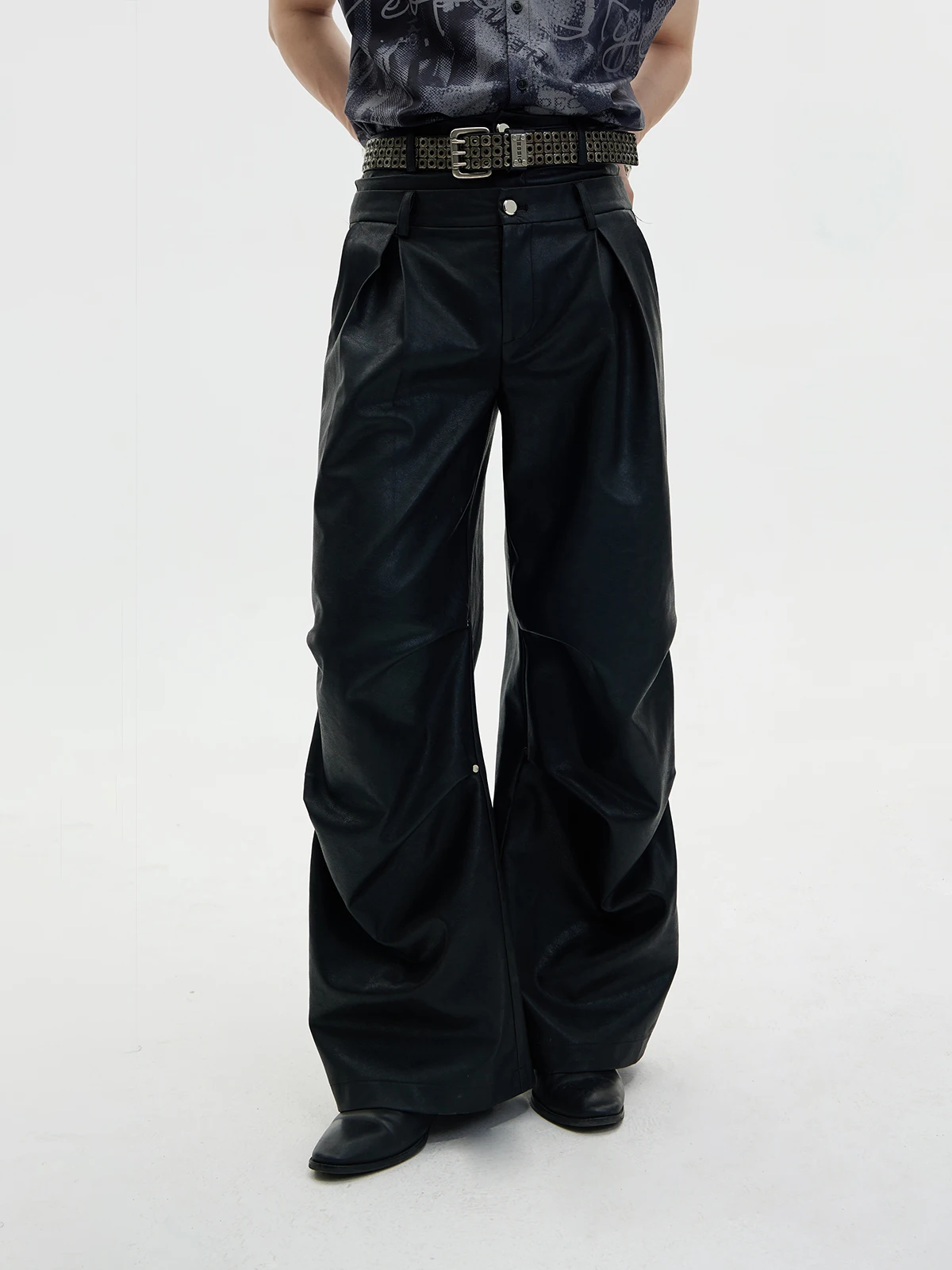 27-46 2024 Men Women Yamamoto Style Double Waisted Three-dimensional Pleated Leather Pants Trousers Lovers Plus Size Costumes