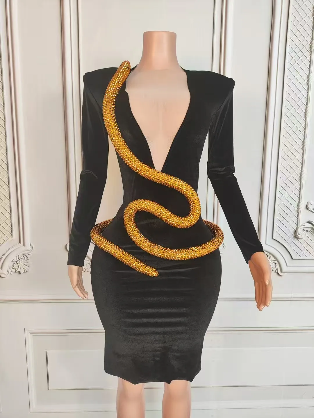 

Crystals Black Velvet Dresses WomenSexyTransparent Bling Diamonds Gowns Birthdy Party Celebrate Photoshoot Dress D262