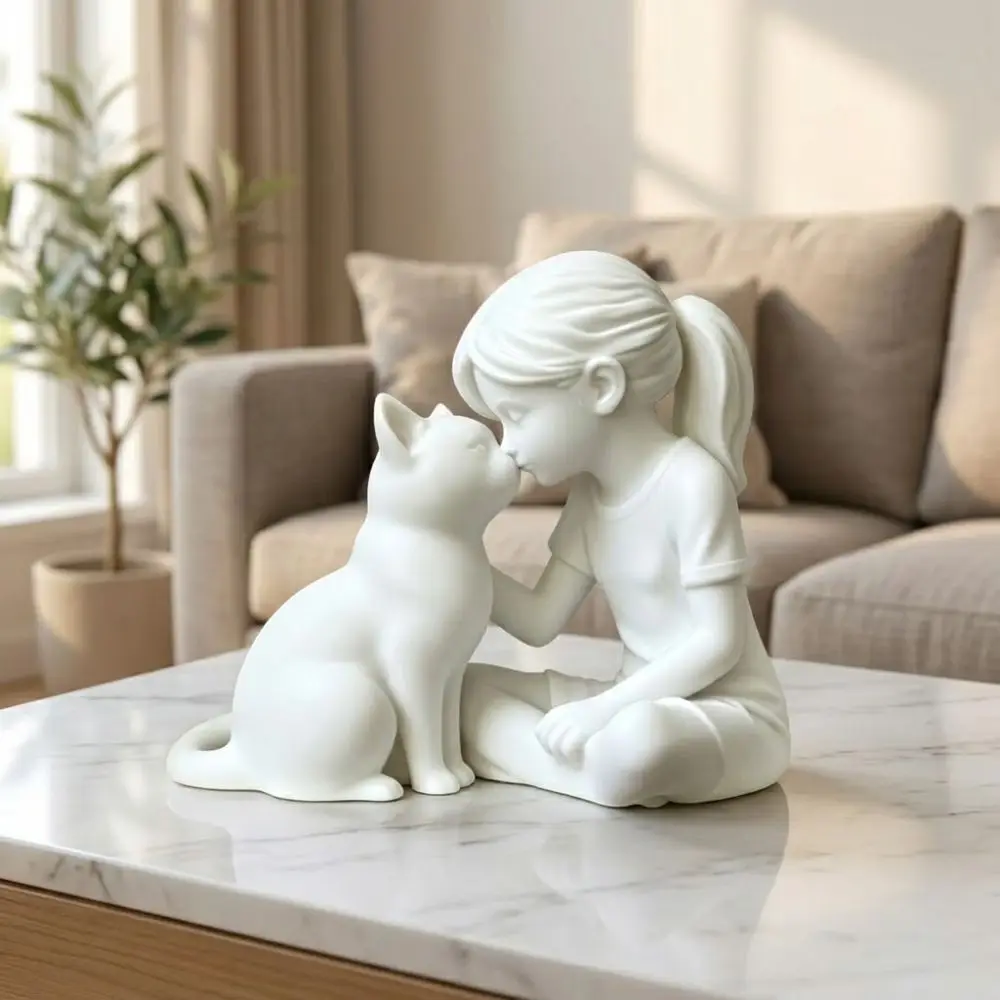 3D Printed Girl and Cat Sculpture Plastic Crafts Girl Cat Friendship Statues Unique Cute Animal Desktop Cat Figurine Desktop Use