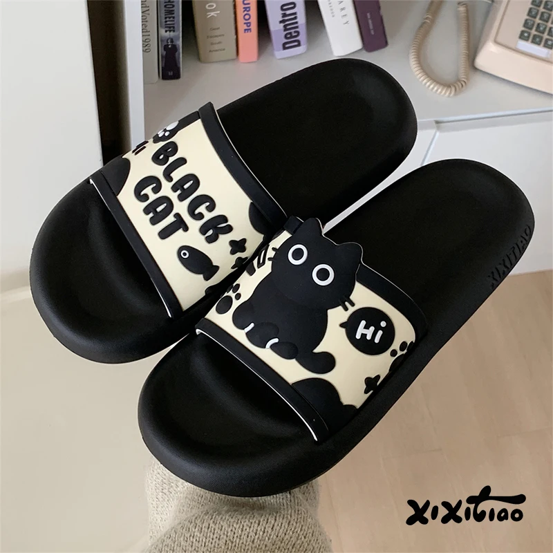 XIXITIAO Womens Black Cat Slippers Summer Color Blocking Indoor Home Shower Wearable with Non-Slip EVA Soft Sole and Cute Design