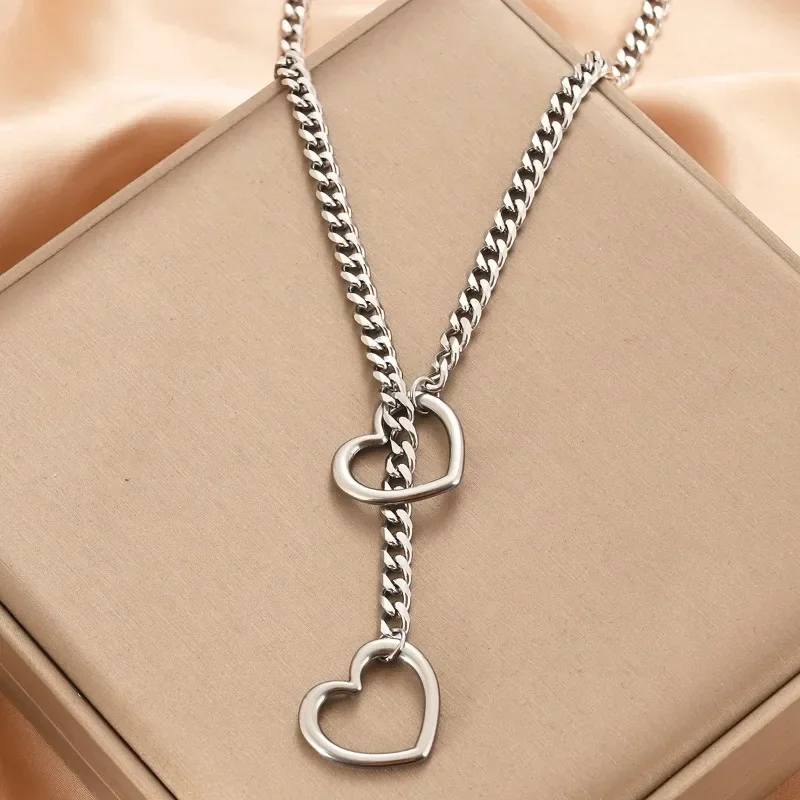 Heart O-ring Slip Chain For Women Punk Rock Necklace Stainless Steel Cuban Long Necklace Trendy Simple Adjustable Y-Necklace