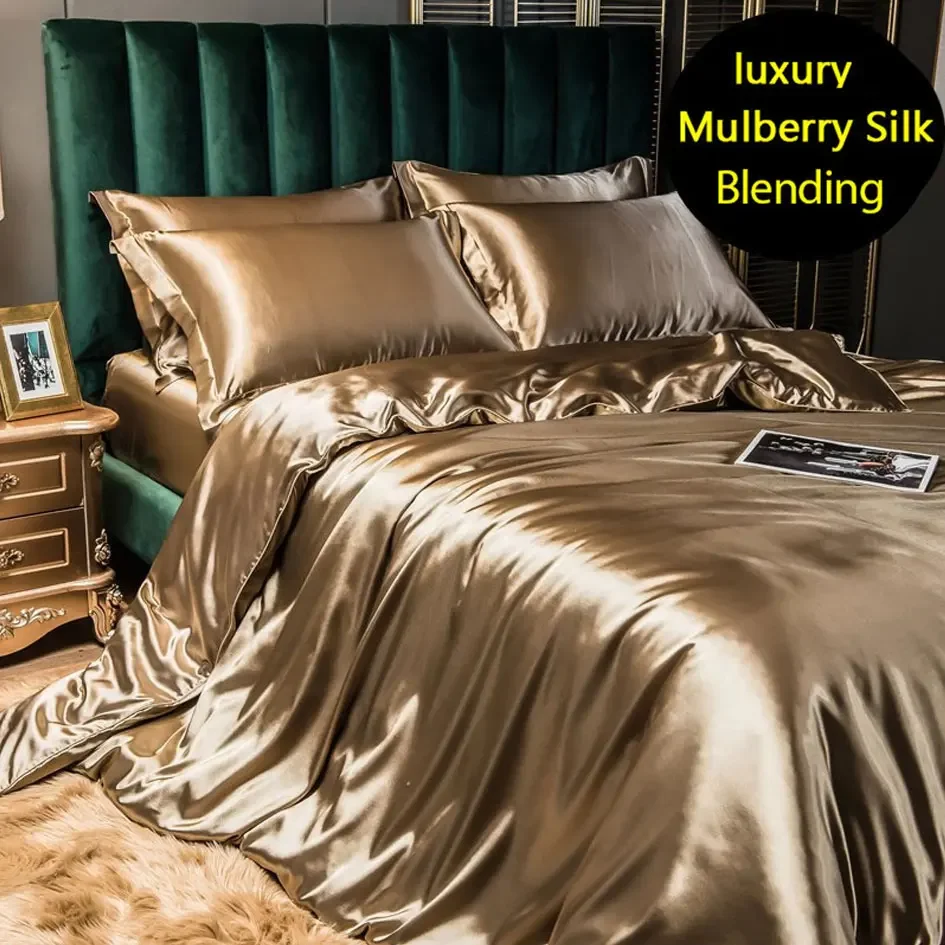 Mulberry Silk Bedding Bed Sheet Duvet Cover Fitted Full Bedspreads Sets Double-sided Four-piece Set  Satin Summer Bedroom Linens