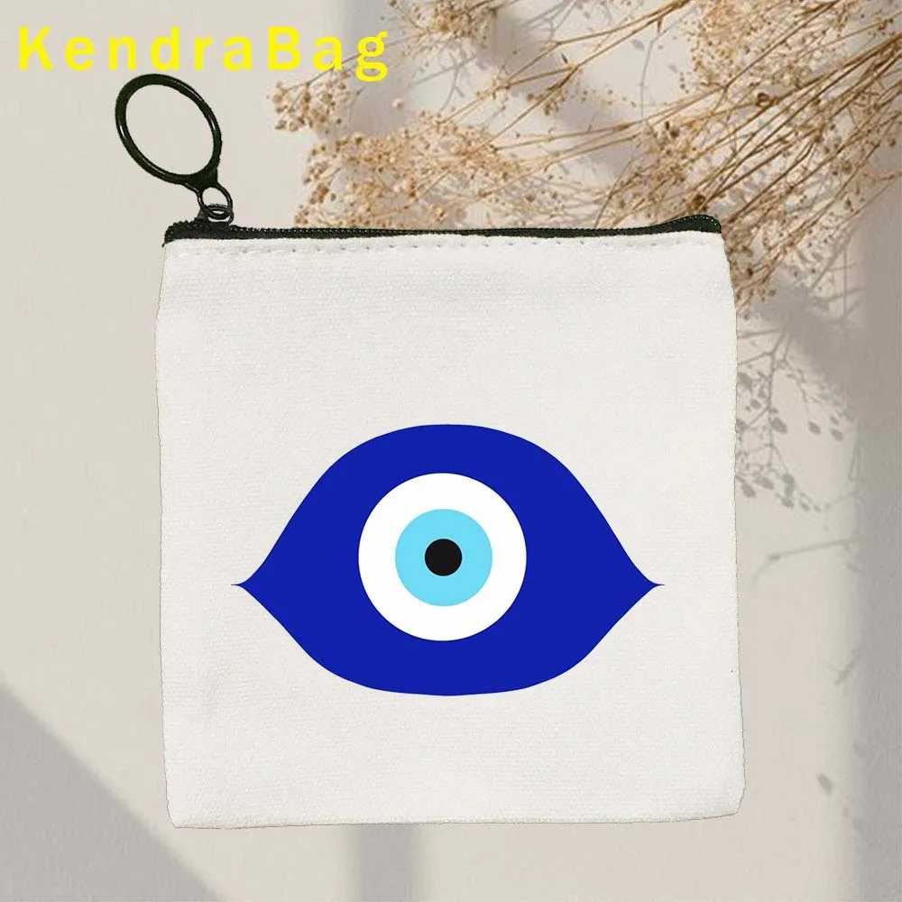 Greek Turkish Colorful Hamsa Nazar Blue Evil Eye Key Coin Purse Canvas Bag Case Pouch Wallet Zipper Good Luck Girl Makeup Gifts