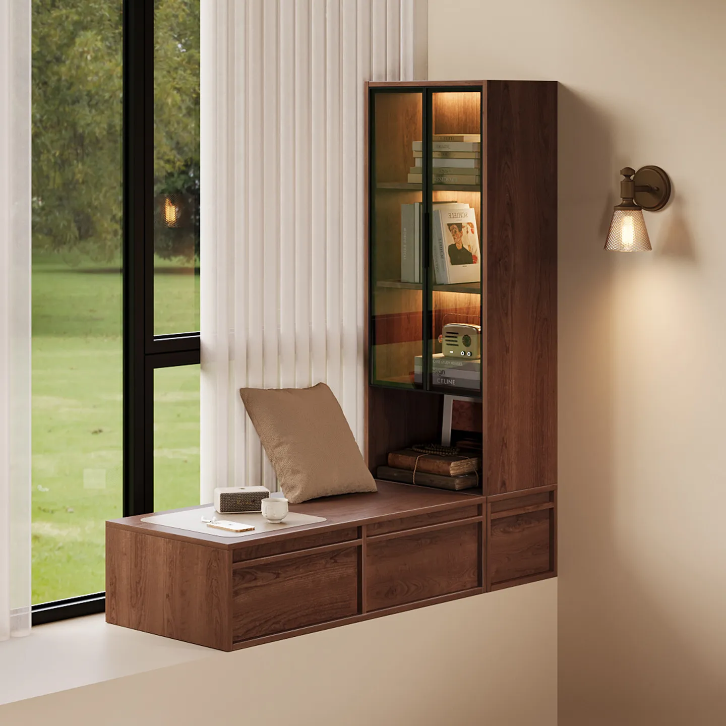 LMM solid wood window sill bay window cabinet glass door bookcase balcony bedside shelf