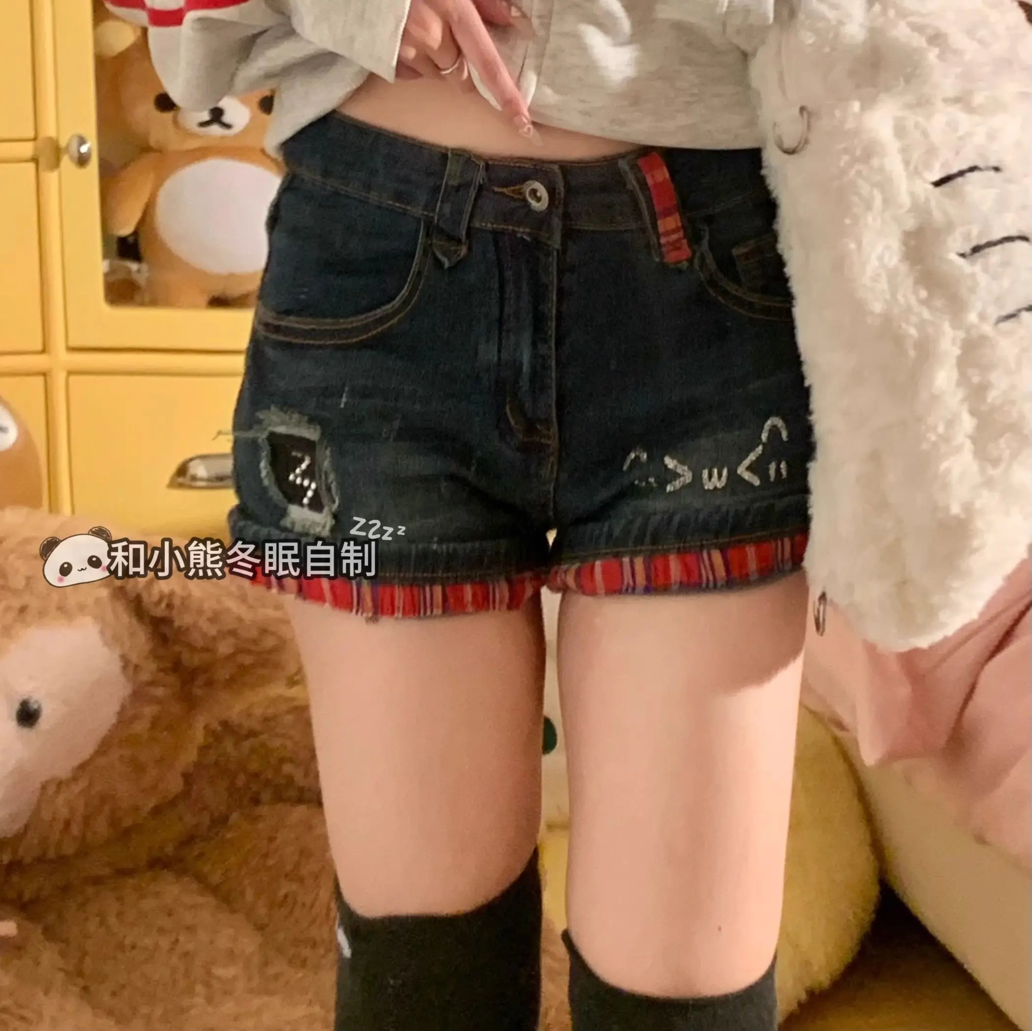 Y2K Aesthetic Retro Low Waisted Denim Shorts Women's Subculture Cute Cat Pattern Jeans Hot Girl 2000s Clubwear Streetwear