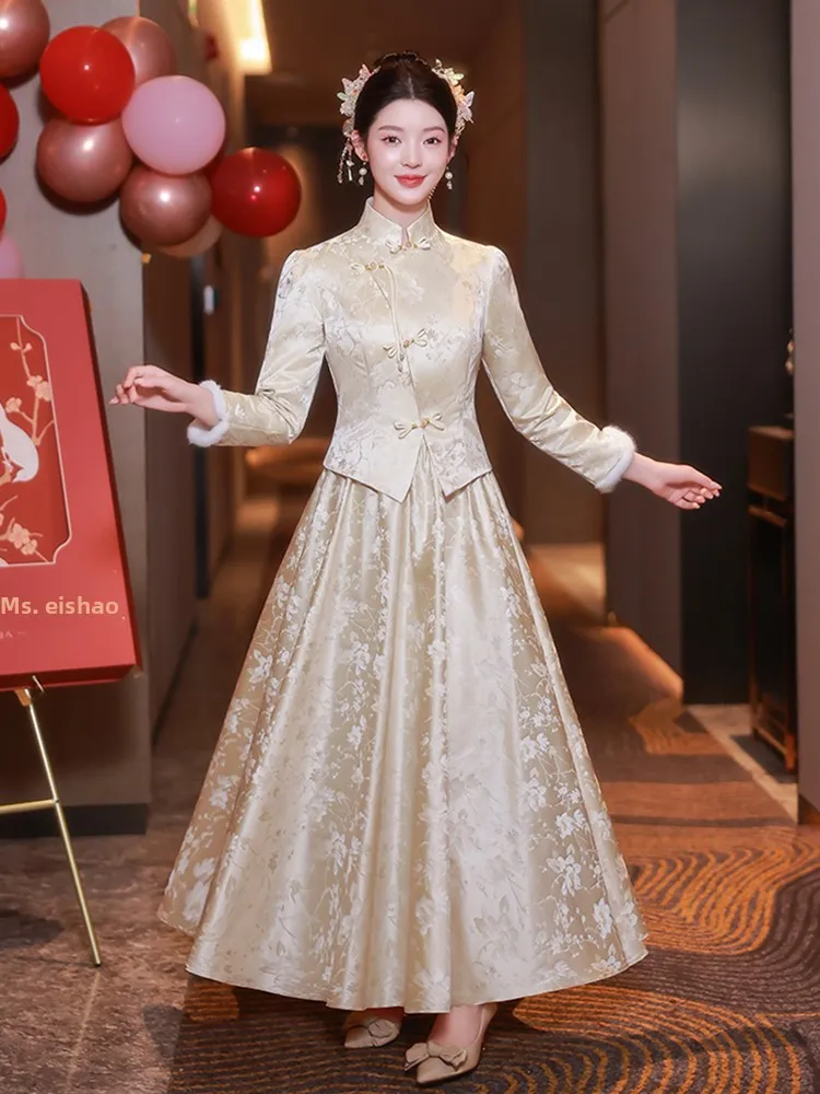

Champagne Color Luxury Wedding Dr New Chinese Sle 2026 Ele Long Sve mid Waist a Line Skirt for Bride