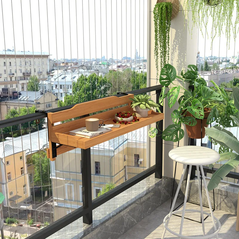 For creative balcony guardrail Leisure courtyard fence Folding household solid wood guardrail Hanging bar table