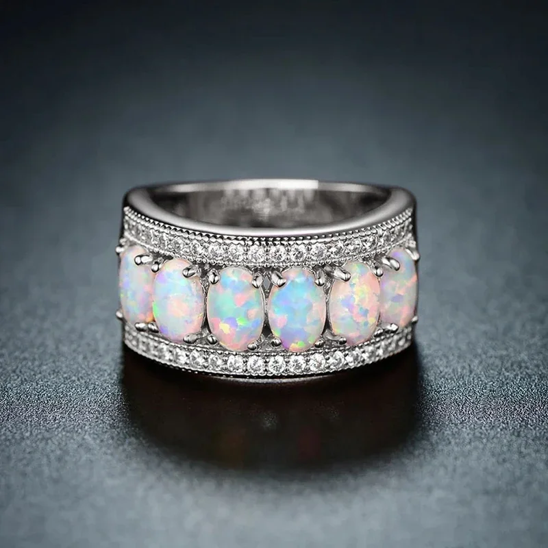 Huitan Gorgeous Imitation Opal Stone Rings for Women Unique Shiny Cubic Zirconia Wedding Band Jewelry Noble Finger Accessories