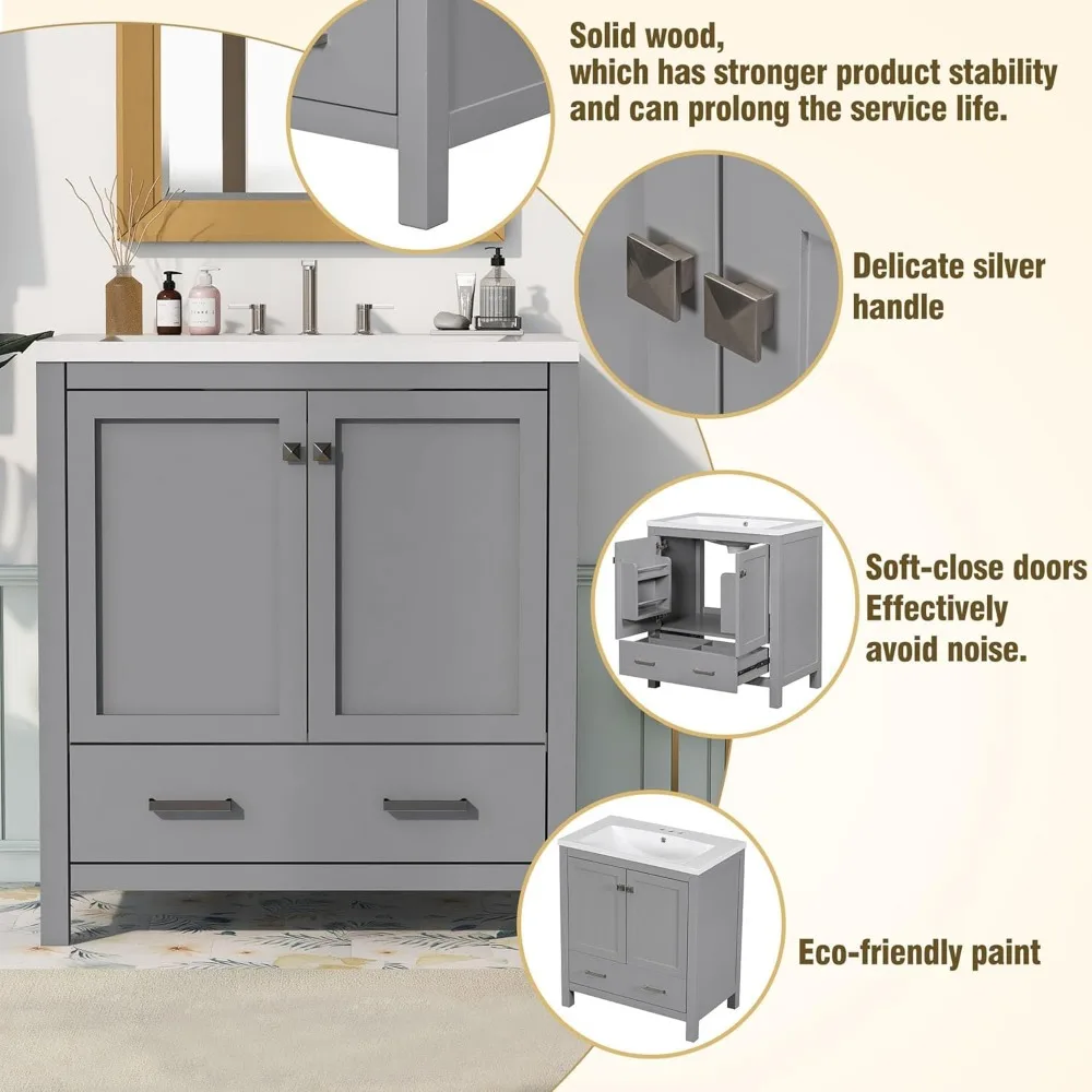 Tocador de baño de 30" con lavabo individual, mueble combinado, lavabo bajo montaje, 2 puertas y un cajón, mueble de almacenamiento para baño