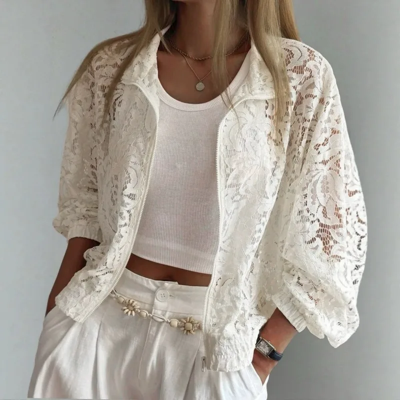 Early Autumn European American Casual Lace Sun-protective Cardigan Women Lapel Slightly Translucent Texture Commuting Vacation