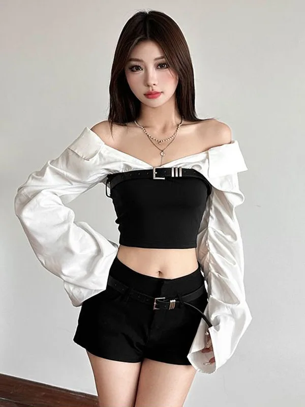 

Футболка Salt Series с цветовыми блоками черного и белого цветов, с открытыми плечами, женская, модный дизайн, двусторонняя, можно носить спереди и сзади, утягивающий топ