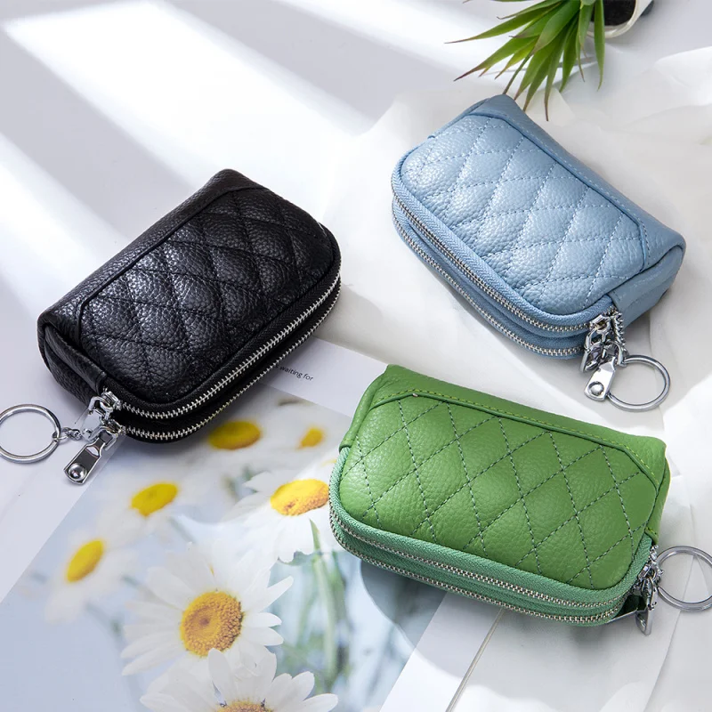 Genuine Leather Quilted Mini Wallet Keychain Coin Pouch Double Zipper Organizer Women's Small Purse RFID Blocking