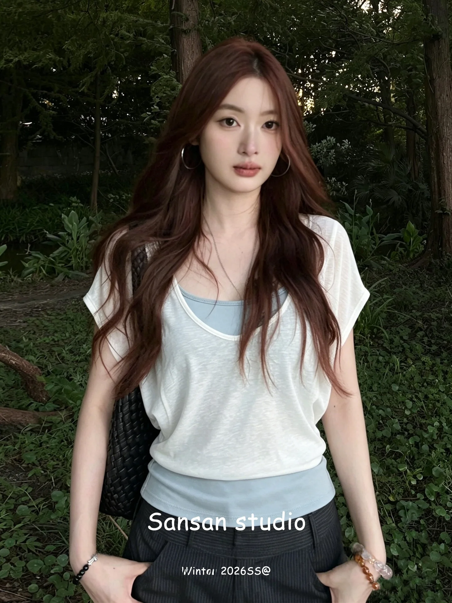 

Korean Style U-Neck Short Sleeve T-Shirt Cover up Women Summer Blue Strap Vest Slimming Layered Top Bottoms Two-Piece Set