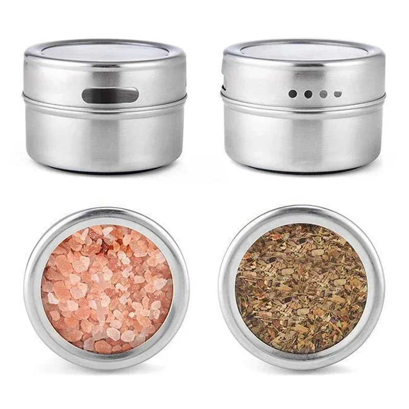 Magnetic Spice Jars with Wall Mounted Rack 304 Stainless Steel Spice Tins Pepper Seasoning Containers Tools Wipeable Label Set
